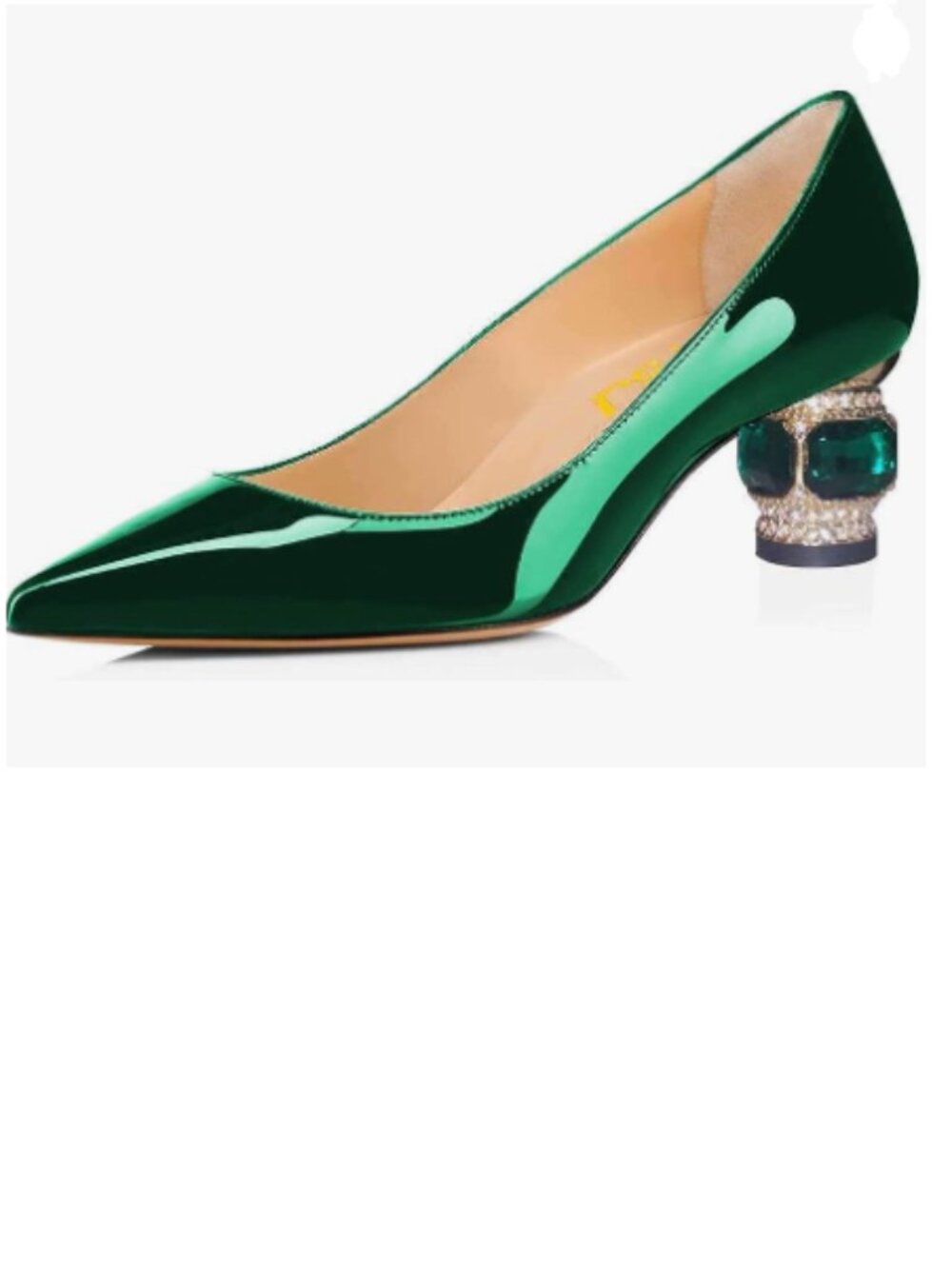 FSJ Dark Green Bridal Pointed Toe Block Low Heel Crystal Pumps Slip on Shoes